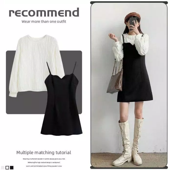 Mix sweater cùng váy 2 dây tạo sự thoải mái đi cùng boots trắng thêm năng động (Nguồn: BlogAnChoi)