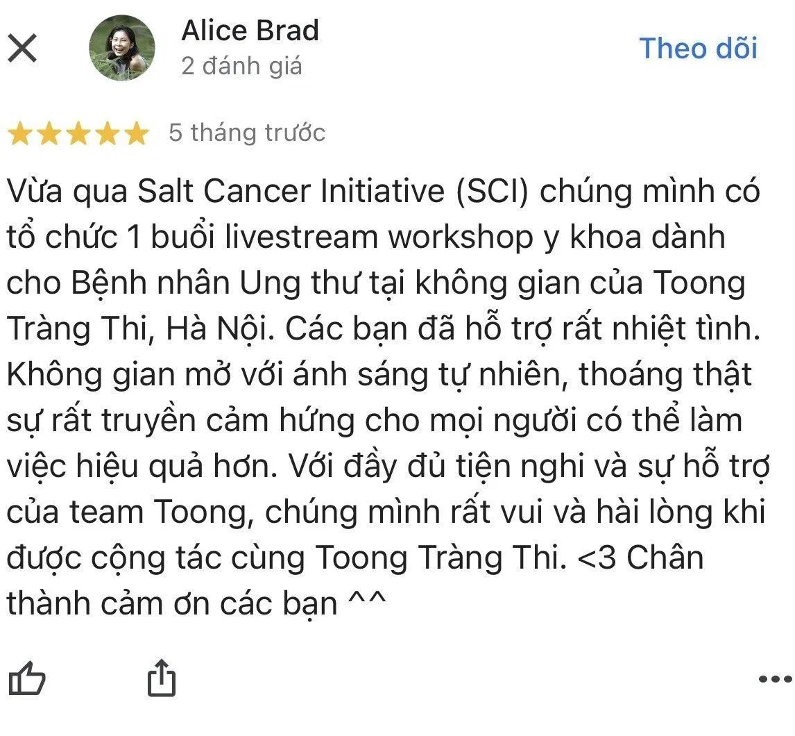 Đánh giá của khách hàng Alice Brad về Toong Co-working space trên Google Map Đánh giá của khách hàng Alice Brad về Toong Co-working space trên Google Map