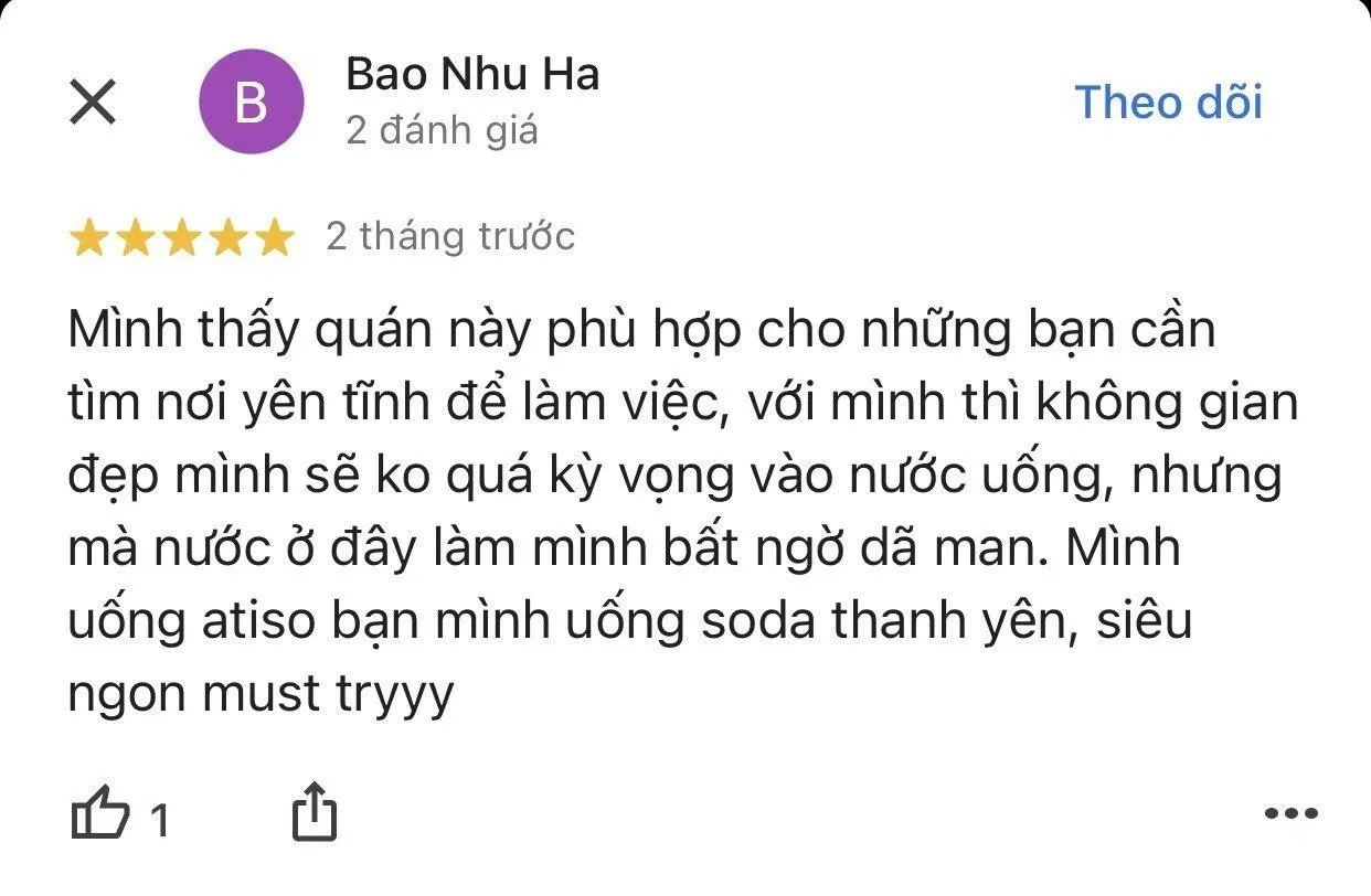 Đánh giá của khách hàng Bao Nhu Ha về Wor.kafe trên Google Map Đánh giá của khách hàng Bao Nhu Ha về Wor.kafe trên Google Map
