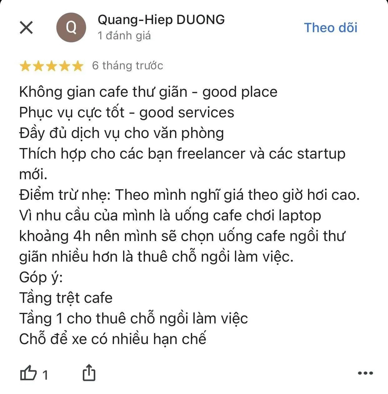 Đánh giá của khách hàng Quang-Hiep DUONG về Wor.kafe trên Google Map Đánh giá của khách hàng Quang-Hiep DUONG về Wor.kafe trên Google Map
