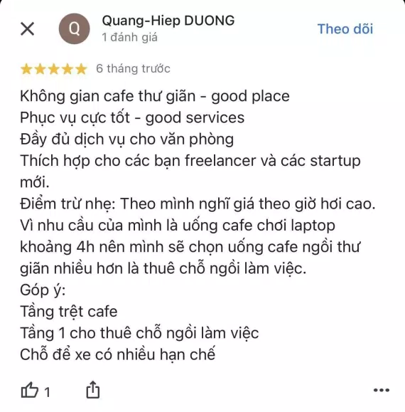 Đánh giá của khách hàng Quang-Hiep DUONG về Wor.kafe trên Google Map