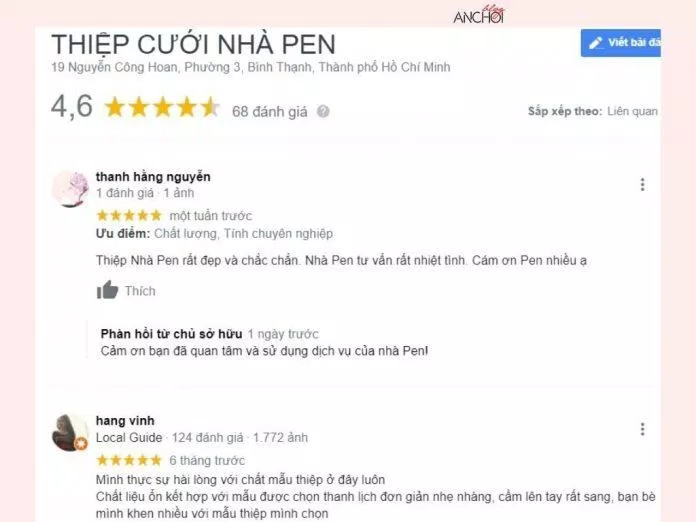 Đánh giá của khách hàng về Thiệp cưới nhà Pen (Ảnh: BlogAnChoi)