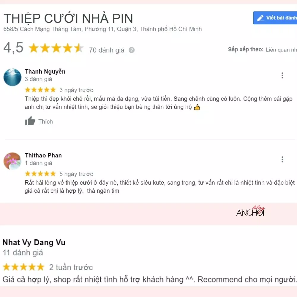 Đánh giá của khách hàng về Thiệp cưới nhà Pin (Ảnh: BlogAnChoi)