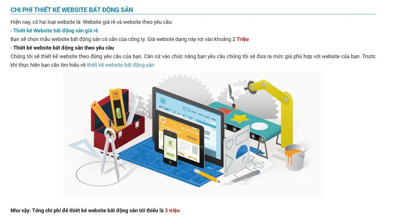 Bảng giá dịch vụ của website bất động sản (Ảnh webbds)