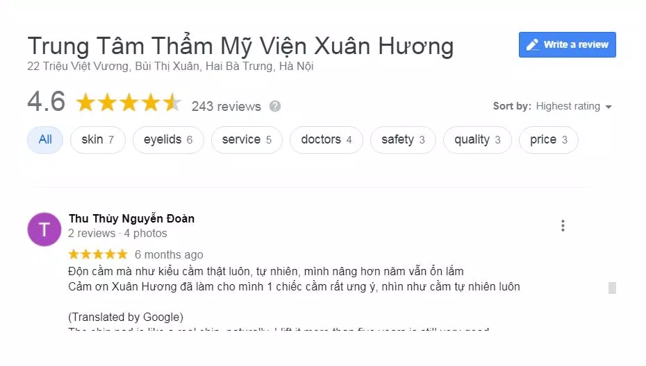 Đánh giá của khách hàng về thẩm mỹ viện Xuân Hương ( nguồn: BlogAnChoi)