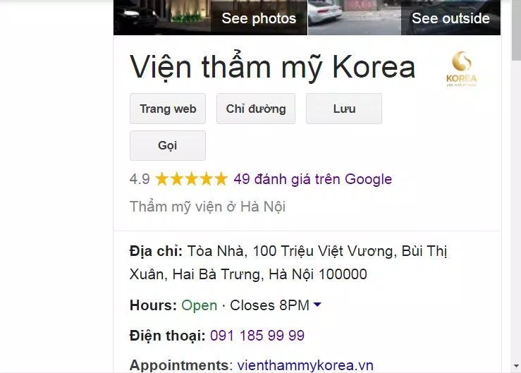 Điểm đánh giá về viện thẩm mỹ Korea ( nguồn: BlogAnChoi)