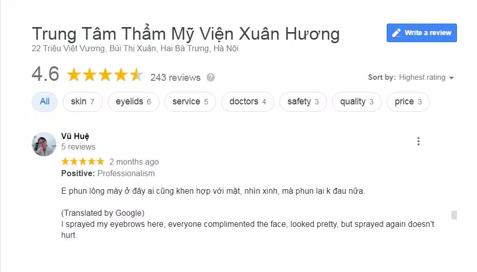 Đánh giá của khách hàng về thẩm mỹ viện Xuân Hương ( nguồn: BlogAnChoi)