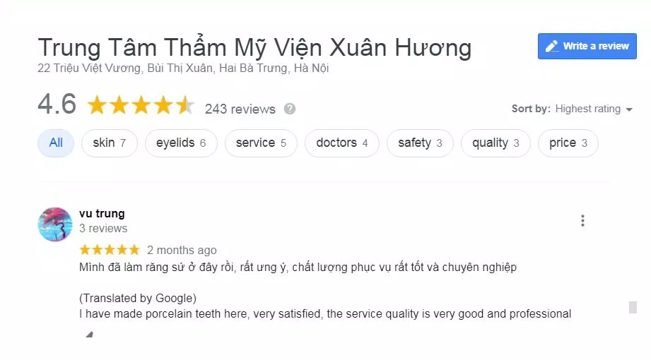 Đánh giá của khách hàng về thẩm mỹ viện Xuân Hương ( nguồn: BlogAnChoi)