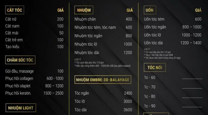 Bảng giá dịch vụ tại Lali-N Salon. (ảnh: Lali-N Salon)