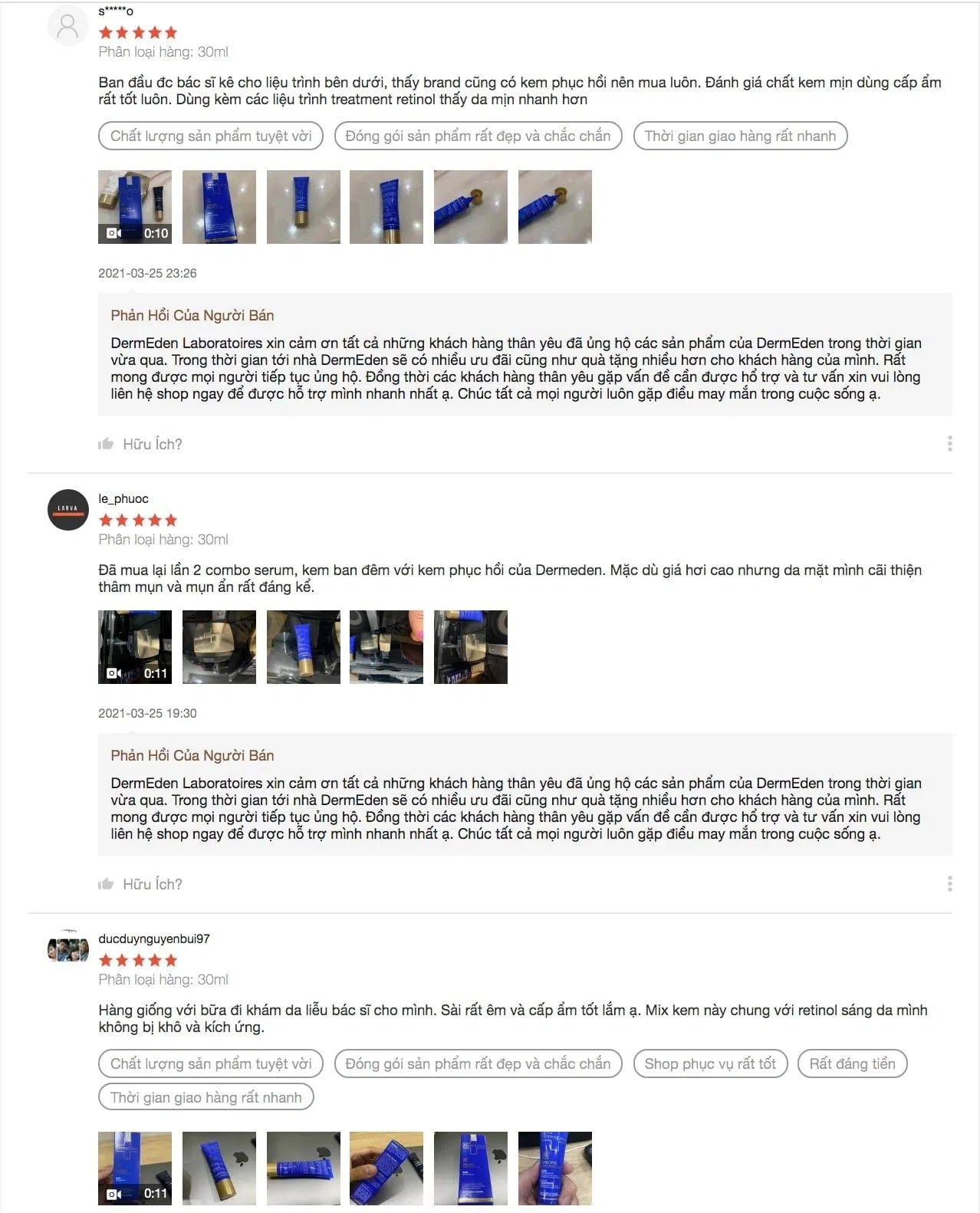 Đánh giá từ những người đã từng sử dụng kem dưỡng DermEden Repair Care trên trang Shopee (Nguồn: BlogAnChoi).