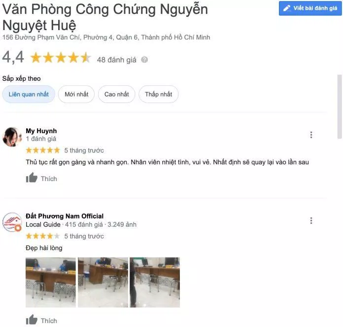 Đánh giá dịch vụ Công chứng Nguyễn Nguyệt Huệ. (Nguồn: Internet)