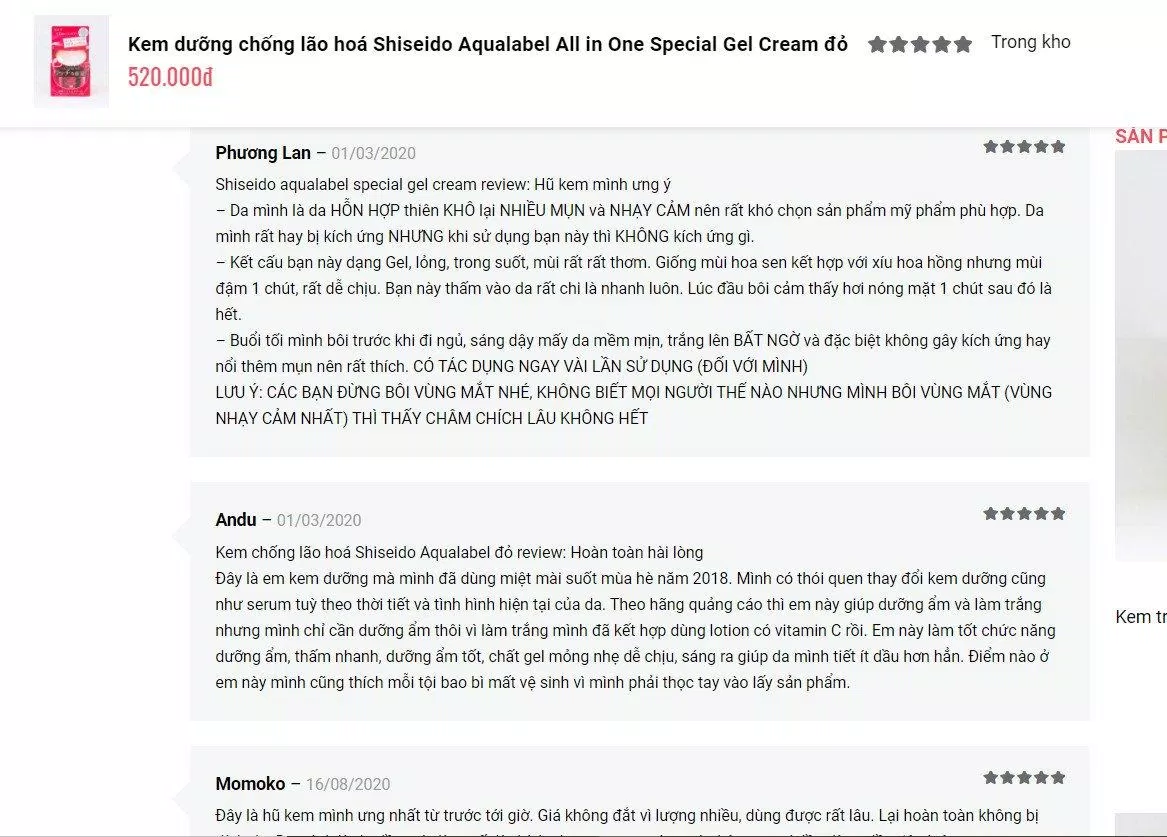 Những lời khen "có cánh" về kem dưỡng da 5 trong 1 Shiseido Aqualabel Special Gel Cream A Moist của khách hàng từng sử dụng (ảnh: BlogAnChoi).
