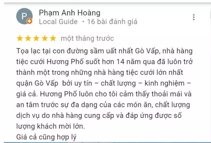 Đánh giá của khách hàng về Hương Phố. (Ảnh: BlogAnChoi)