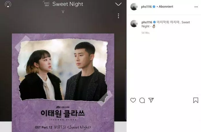 Park Hyung Sik đăng ảnh trên mạng xã hội ủng hộ nhạc phim V (BTS) trình bày cho bộ phim Tầng Lớp Itaewon (Itaewon Class) của Park Seo Joon (Nguồn: Internet).