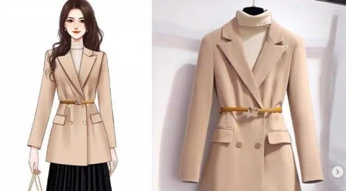 Thanh lịch với chân váy xếp ly dài dưới gối và áo blazer màu be thắt eo (Nguồn: Internet)