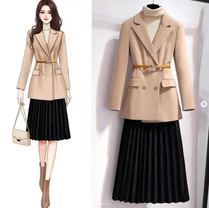 Thanh lịch với chân váy xếp ly dài dưới gối và áo blazer màu be thắt eo (Nguồn: Internet)