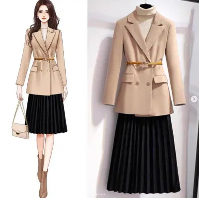 Thanh lịch với chân váy xếp ly dài dưới gối và áo blazer màu be thắt eo (Nguồn: Internet) Thanh lịch với chân váy xếp ly dài dưới gối và áo blazer màu be thắt eo (Nguồn: Internet)
