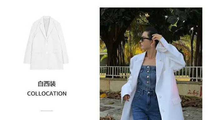 Cả cây demin nổi bần bật với blazer trắng (Nguồn: Internet) Cả cây demin nổi bần bật với blazer trắng (Nguồn: Internet)