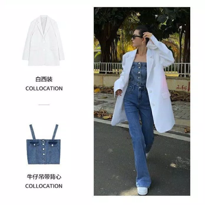 Cả cây demin nổi bần bật với blazer trắng (Nguồn: Internet) Cả cây demin nổi bần bật với blazer trắng (Nguồn: Internet)