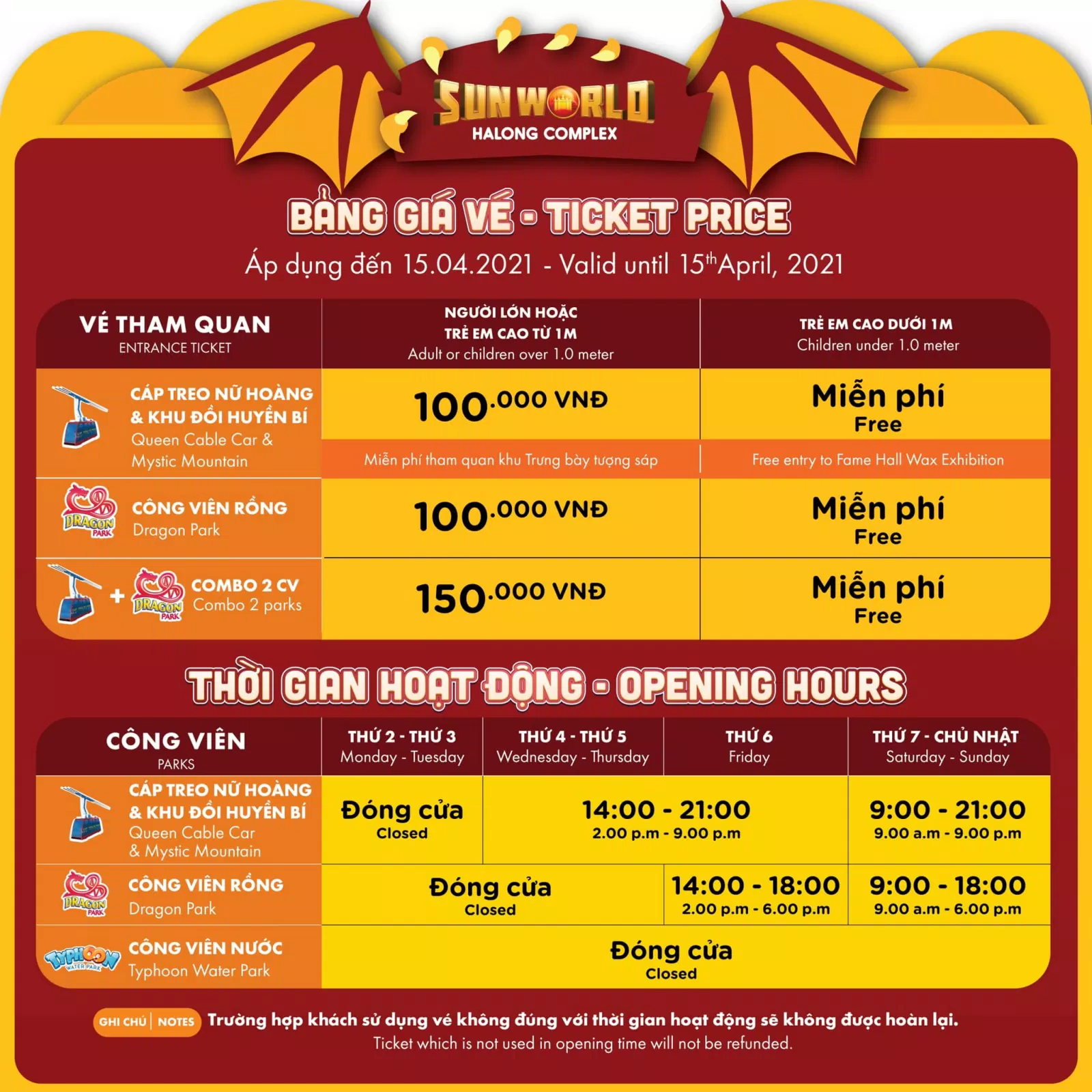 Bảng giá vé và thời gian hoạt động Sun World Hạ Long Complex tháng 4 (nguồn: Fanpage Sun World Hạ Long Complex)