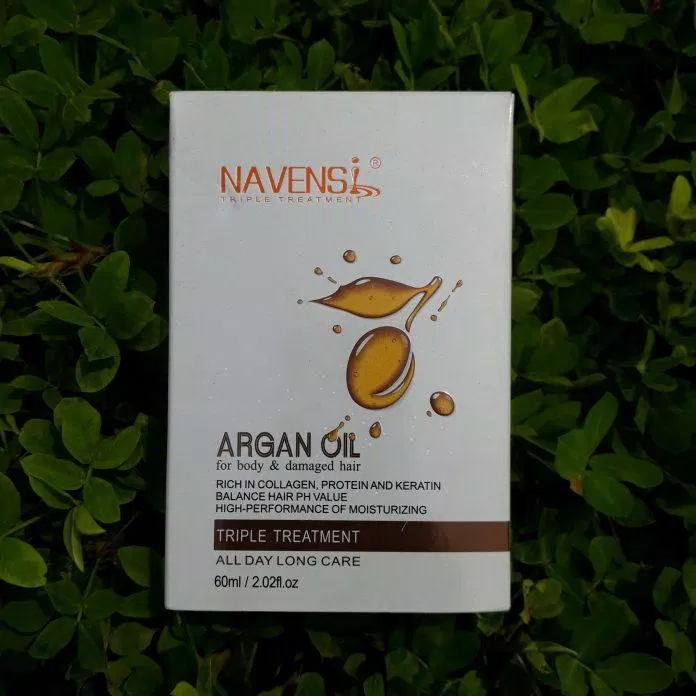 Vỏ hộp tinh dầu dưỡng tóc Argan Navensi được thiết kế khá đơn giản, nhìn gần gũi, dễ thương (ảnh: BlogAnChoi).