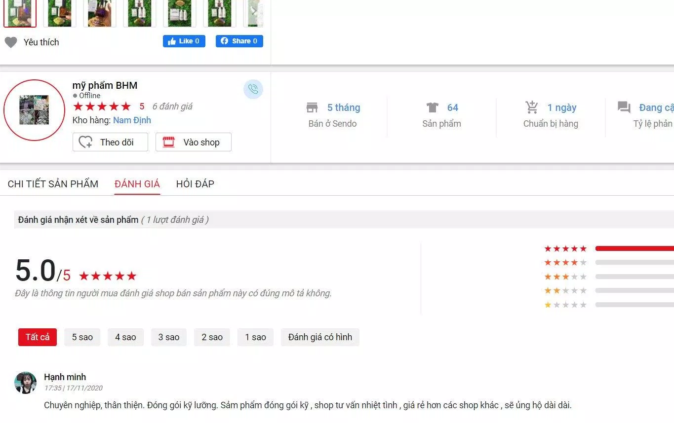 Đánh giá của khách hàng về sản phẩm trên trang Sendo (ảnh: BlogAnChoi).