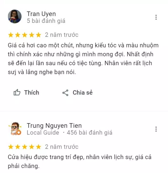 Đánh giá tích cực về chất lượng và dịch vụ của Hair Salon Beo Vĩnh Hoàng trên Google Maps (Nguồn: Internet) Đánh giá tích cực về chất lượng và dịch vụ của Hair Salon Beo Vĩnh Hoàng trên Google Maps (Nguồn: Internet)