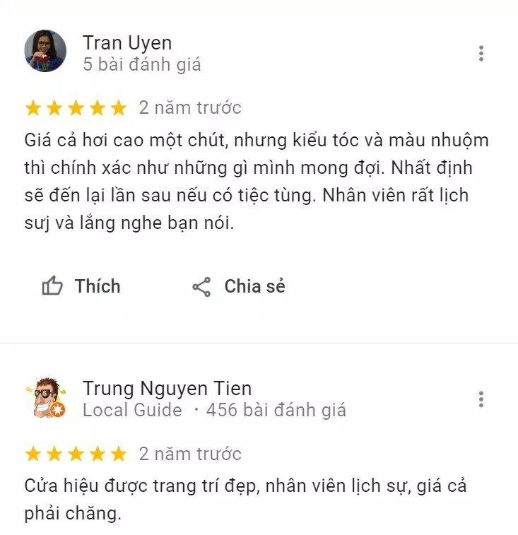 Đánh giá tích cực về chất lượng và dịch vụ của Hair Salon Beo Vĩnh Hoàng trên Google Maps (Nguồn: Internet)