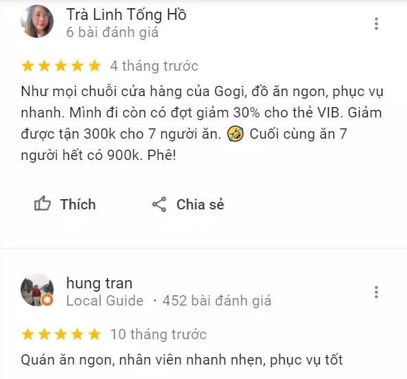 Review của khách hàng về GoGi House (Ảnh BlogAnChoi)