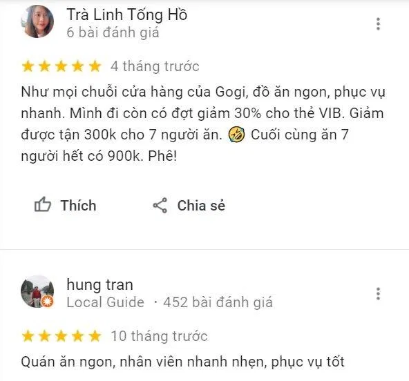 Review của khách hàng về GoGi House (Ảnh BlogAnChoi)