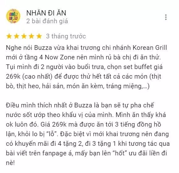 Review của khách hàng tại Buzza BBQ (Ảnh BlogAnChoi)