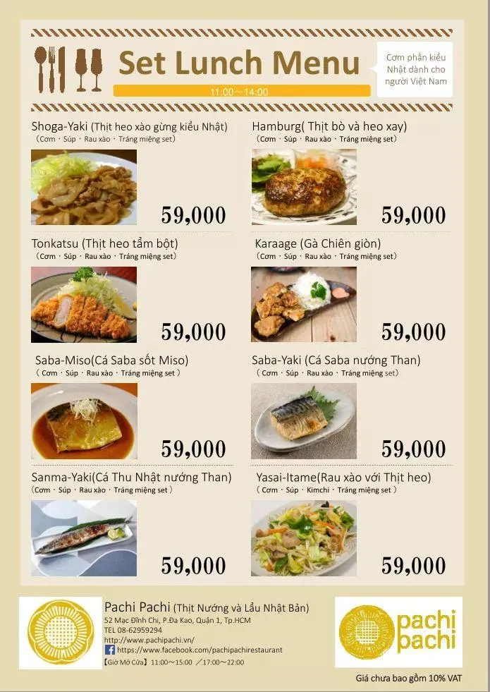 Menu trưa tại Pachi Pachi (Ảnh Internet)