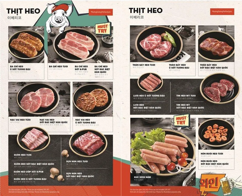 Menu đa dạng loại thịt tại K-Pub (Ảnh Internet)