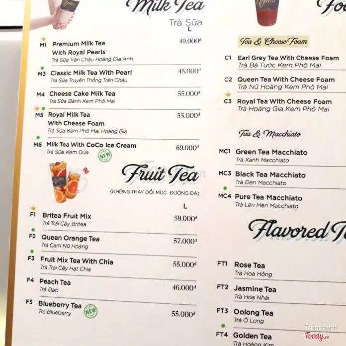 Menu của Britea (Ảnh Internet)