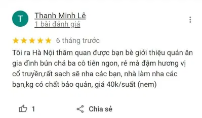 Đánh giá của khách hàng về Bún Chả Ba Cô Tiên (Nguồn: BlogAnChoi) Đánh giá của khách hàng về Bún Chả Ba Cô Tiên (Nguồn: BlogAnChoi)