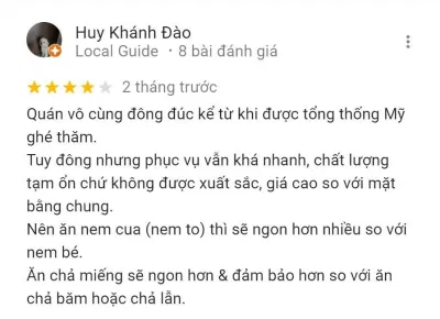 Đánh giá của khách hàng về Bún chả Hương Liên (Nguồn: BlogAnChoi) Đánh giá của khách hàng về Bún chả Hương Liên (Nguồn: BlogAnChoi)