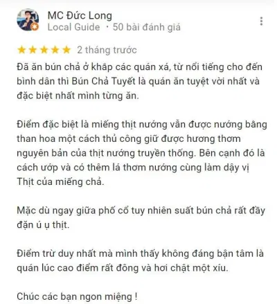 Đánh giá của khách hàng về Bún chả Tuyết (Nguồn: BlogAnChoi) Đánh giá của khách hàng về Bún chả Tuyết (Nguồn: BlogAnChoi)