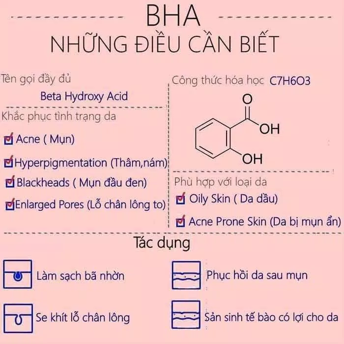 BHA- Beta Hydroxy Acid là một loại tẩy tế bào chết hóa học tan tốt trong dầu ( Nguồn: internet) BHA- Beta Hydroxy Acid là một loại tẩy tế bào chết hóa học tan tốt trong dầu ( Nguồn: internet)