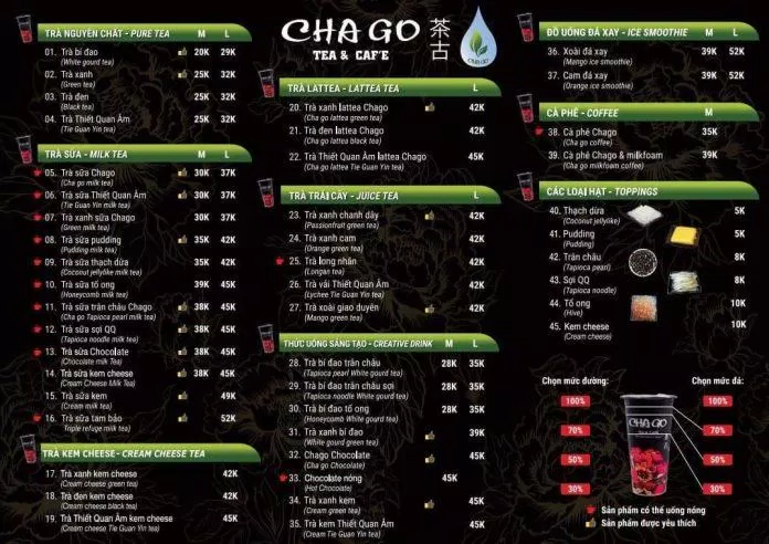 Menu đa dạng của Chago Tea tại TPHCM (Ảnh Chago Tea)