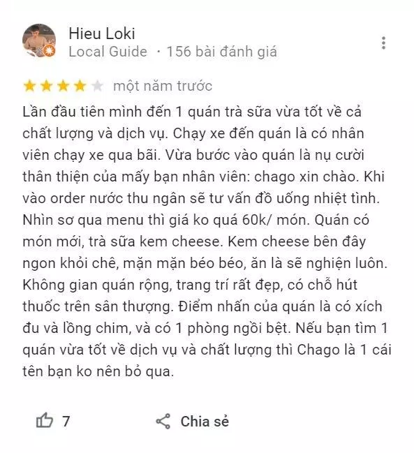 Review của khách hàng về Chago Tea cơ sở TPHCM (Ảnh BlogAnChoi)