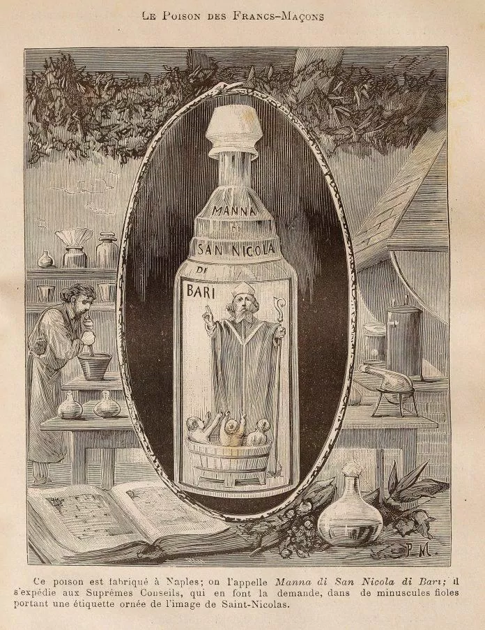 Giulia Tofana ngụy trang chất độc của mình thành một loại mỹ phẩm bằng cách đóng gói nó trong một chai thủy tinh nhỏ với hình ảnh của Thánh Nicholas ở mặt trước. (Ảnh: Internet)