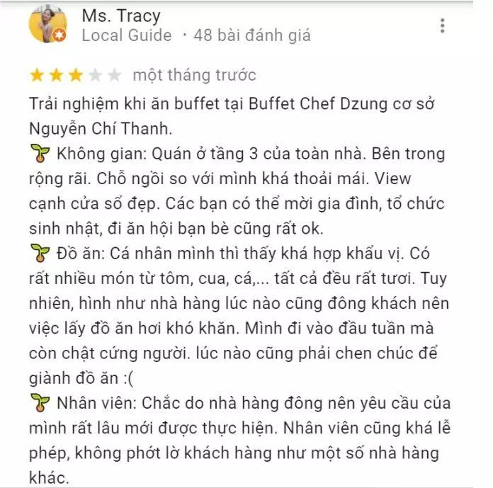 Đánh giá của khách hàng về Nhà hàng Buffet Chef Dzung (Nguồn: Internet)