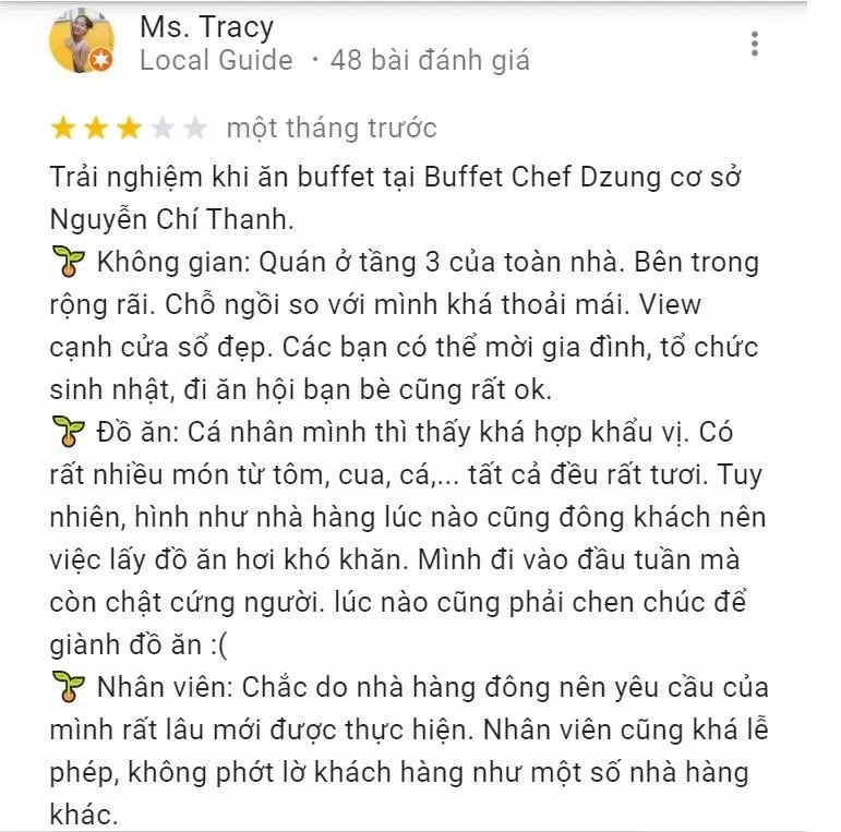 Đánh giá của khách hàng về Nhà hàng Buffet Chef Dzung (Nguồn: Internet) Đánh giá của khách hàng về Nhà hàng Buffet Chef Dzung (Nguồn: Internet)