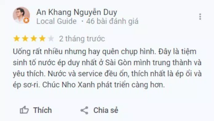 Review của khách hàng về Sinh tố & Nước ép Nho Xanh (ảnh: BlogAnChoi)