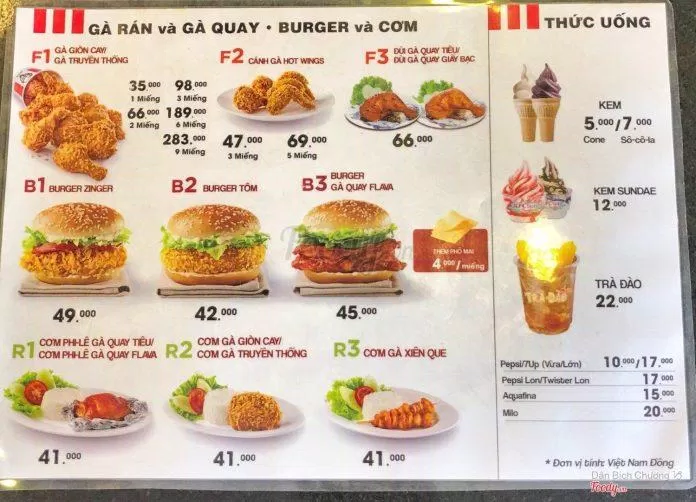 Thực đơn quán KFC (Nguồn: Internet)