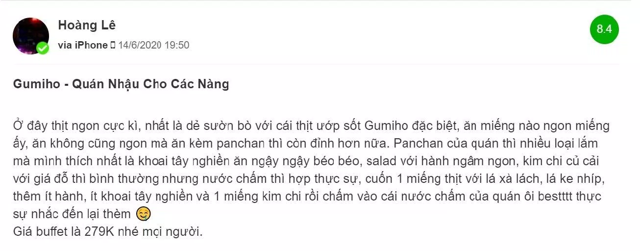 Đánh giá của khách hàng về Nhà hàng Gumiho (Nguồn: Internet)