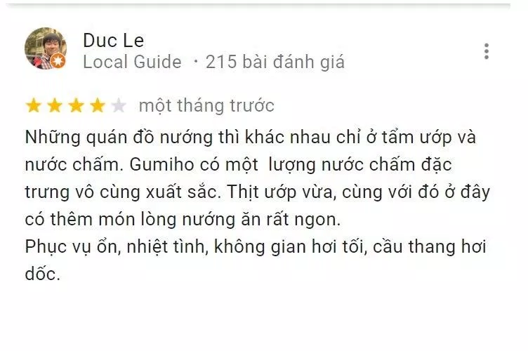 Đánh giá của khách hàng về Nhà hàng Gumiho (Nguồn: Internet) Đánh giá của khách hàng về Nhà hàng Gumiho (Nguồn: Internet)