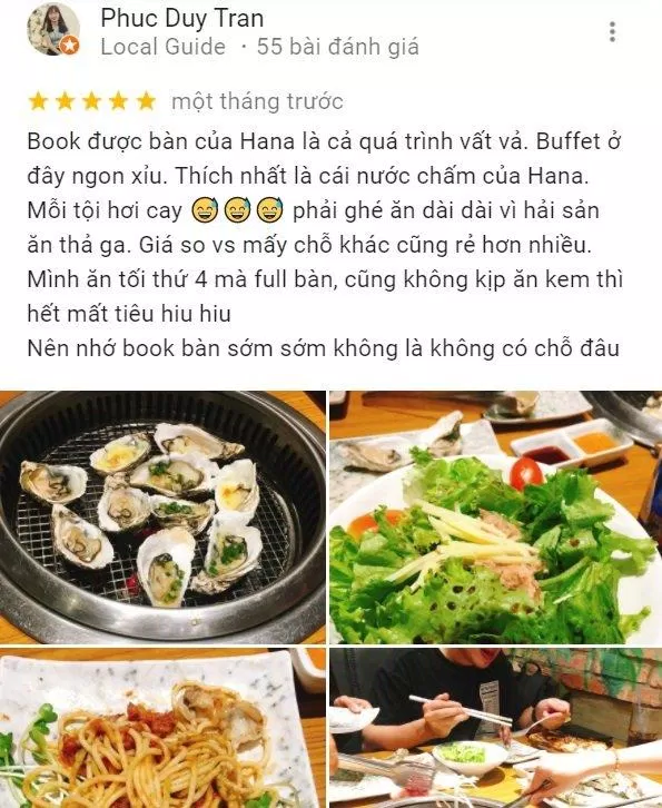 Review của khách hàng khi ăn tại Hana Buffet (Ảnh BlogAnChoi)