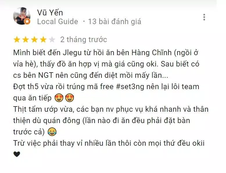 Đánh giá của khách hàng về Jlegu Korean BBQ (Nguồn: Internet)