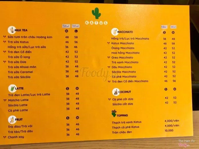 Menu của Katus Tea (Ảnh Internet)